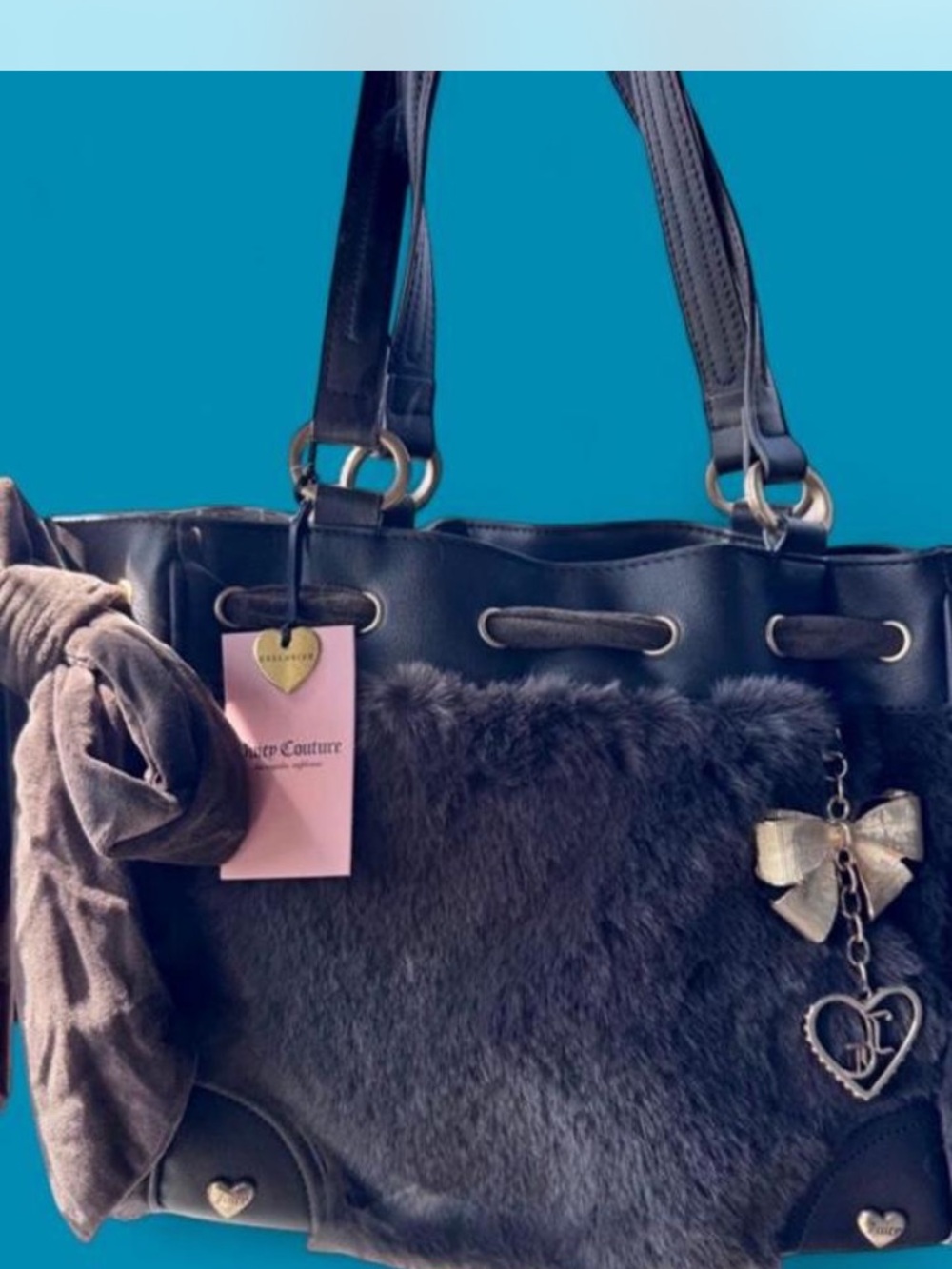 Juicy Couture Brown Soul Sister Faux Fur Shoulder Tote Daydreamer with Charm